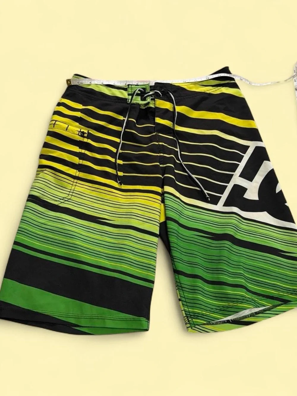 Y2k DC Men's Green & Yellow Striped Swim Trunks